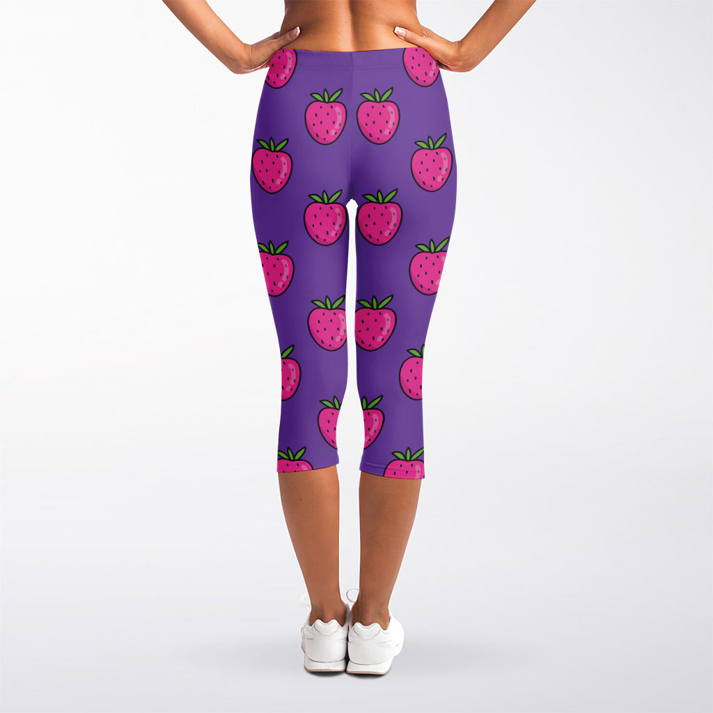 Purple Strawberry Pattern Print Women's Capri Leggings