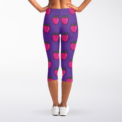 Purple Strawberry Pattern Print Women's Capri Leggings