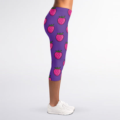 Purple Strawberry Pattern Print Women's Capri Leggings