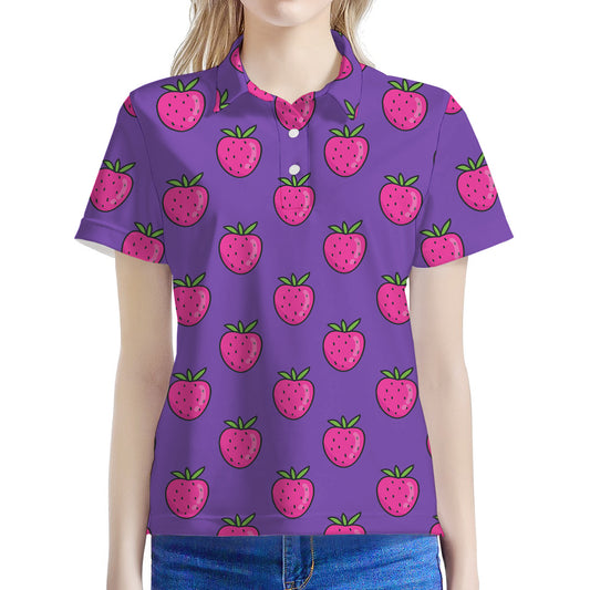 Purple Strawberry Pattern Print Women's Polo Shirt
