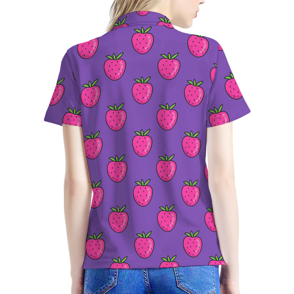 Purple Strawberry Pattern Print Women's Polo Shirt