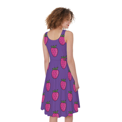 Purple Strawberry Pattern Print Women's Sleeveless Dress