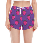 Purple Strawberry Pattern Print Women's Split Running Shorts