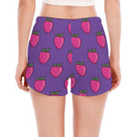 Purple Strawberry Pattern Print Women's Split Running Shorts