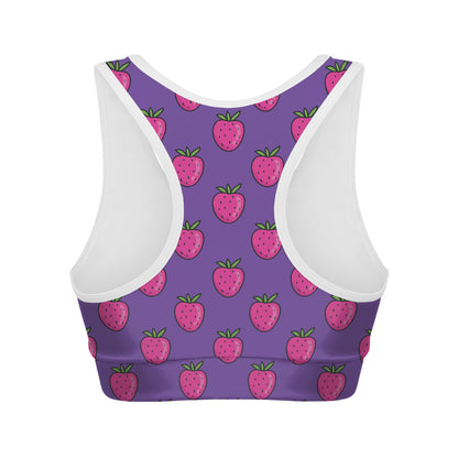 Purple Strawberry Pattern Print Women's Sports Bra