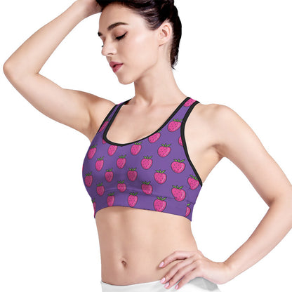 Purple Strawberry Pattern Print Women's Sports Bra