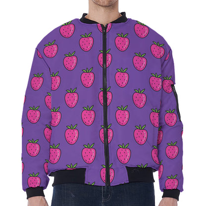 Purple Strawberry Pattern Print Zip Sleeve Bomber Jacket