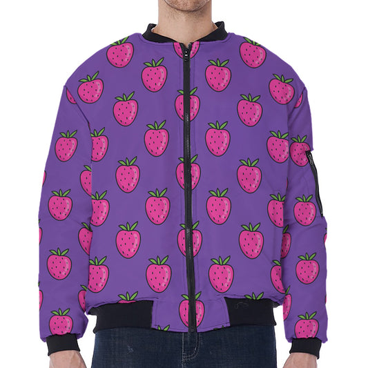 Purple Strawberry Pattern Print Zip Sleeve Bomber Jacket