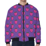 Purple Strawberry Pattern Print Zip Sleeve Bomber Jacket