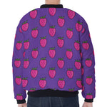 Purple Strawberry Pattern Print Zip Sleeve Bomber Jacket