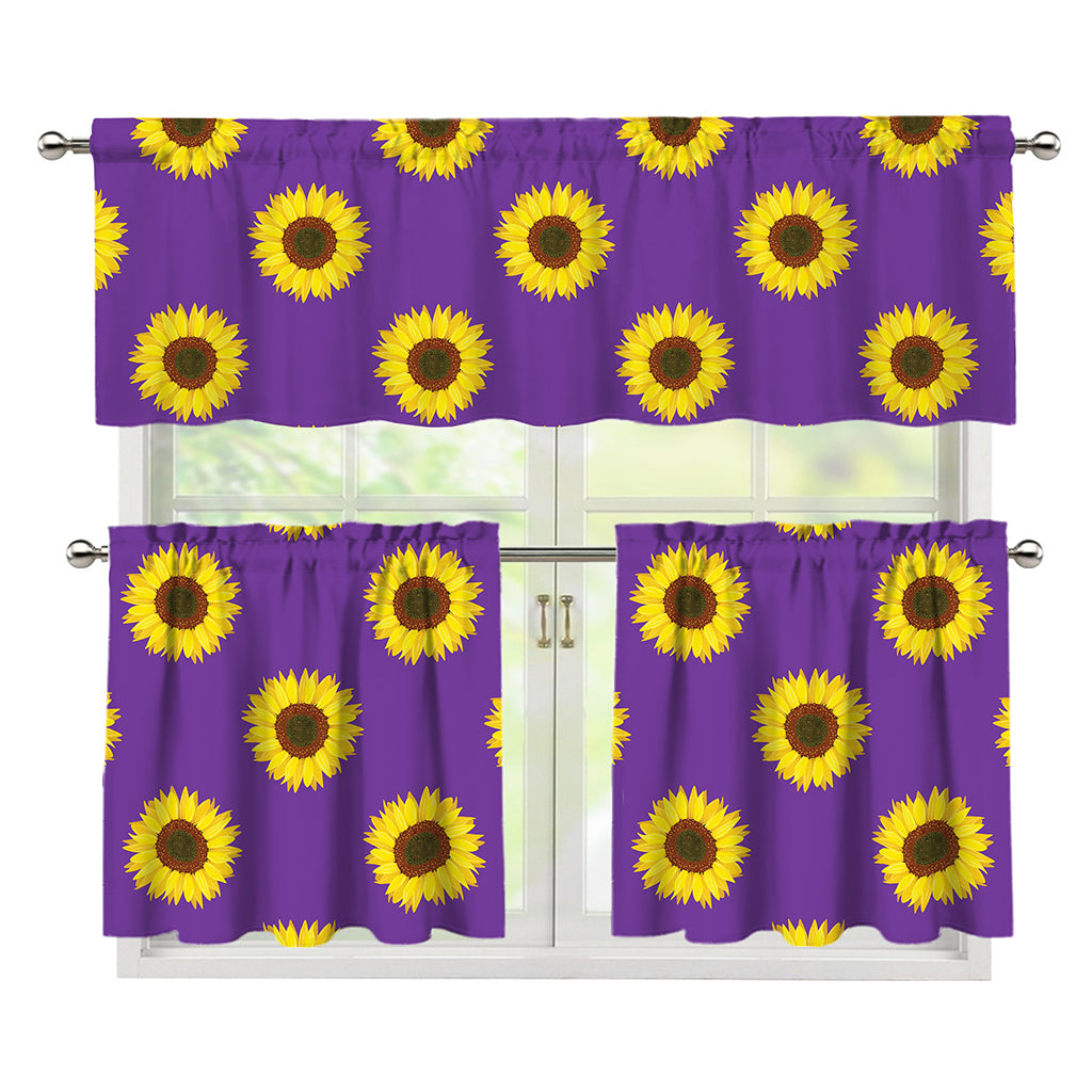 Purple Sunflower Pattern Print 3 Piece Kitchen Curtains