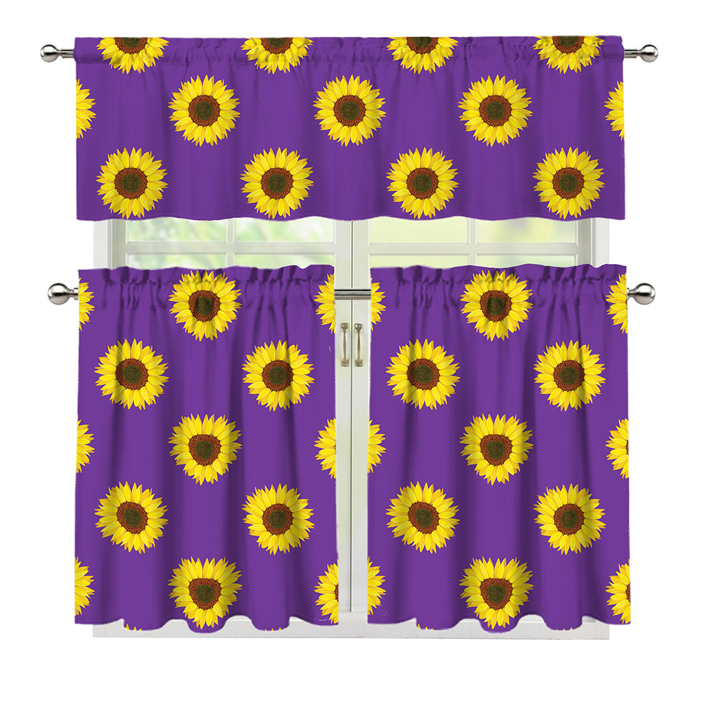 Purple Sunflower Pattern Print 3 Piece Kitchen Curtains