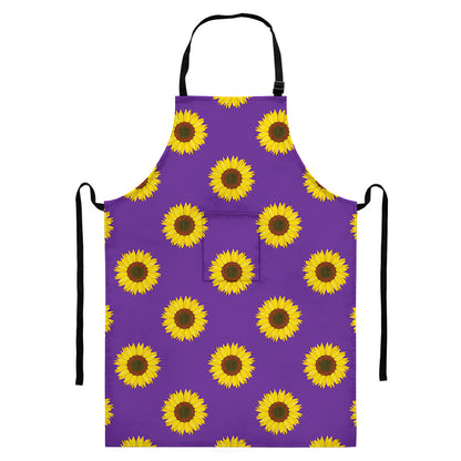 Purple Sunflower Pattern Print Bib Apron With Pocket