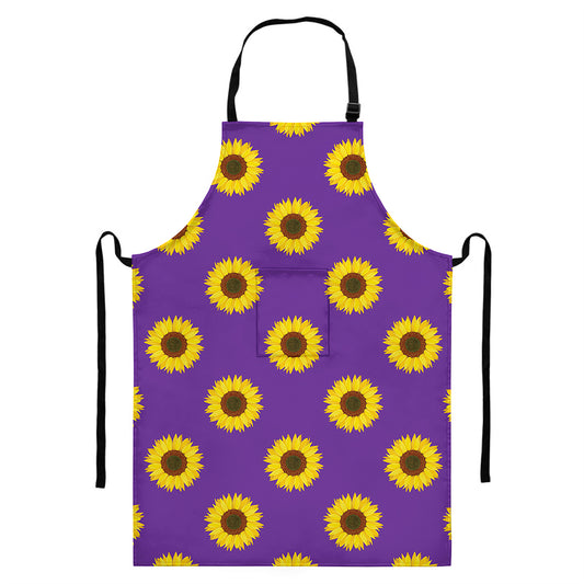 Purple Sunflower Pattern Print Bib Apron With Pocket