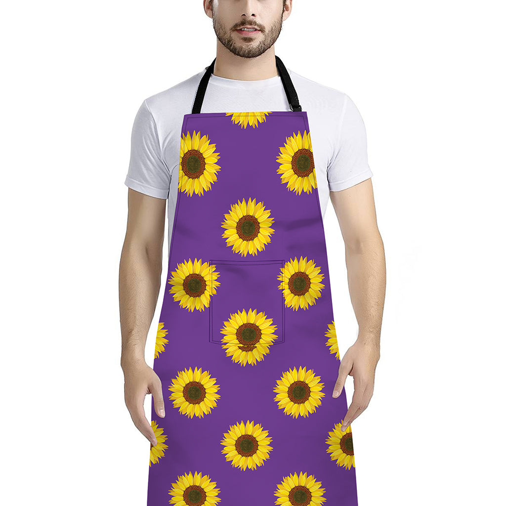 Purple Sunflower Pattern Print Bib Apron With Pocket
