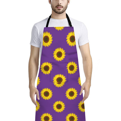 Purple Sunflower Pattern Print Bib Apron With Pocket