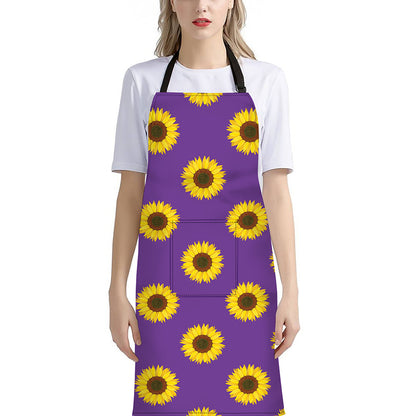 Purple Sunflower Pattern Print Bib Apron With Pocket