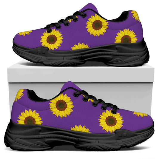 Purple Sunflower Pattern Print Black Chunky Shoes