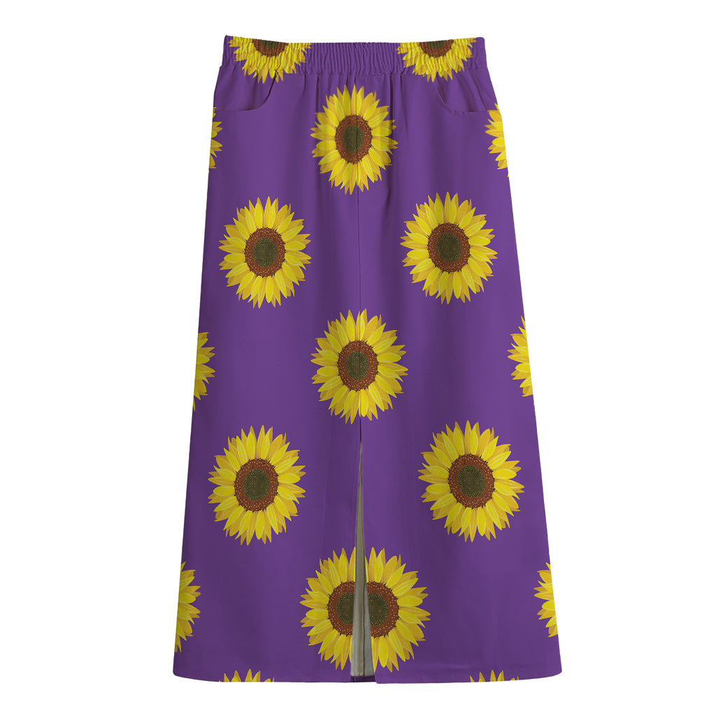 Purple Sunflower Pattern Print Cotton Front Slit Maxi Skirt