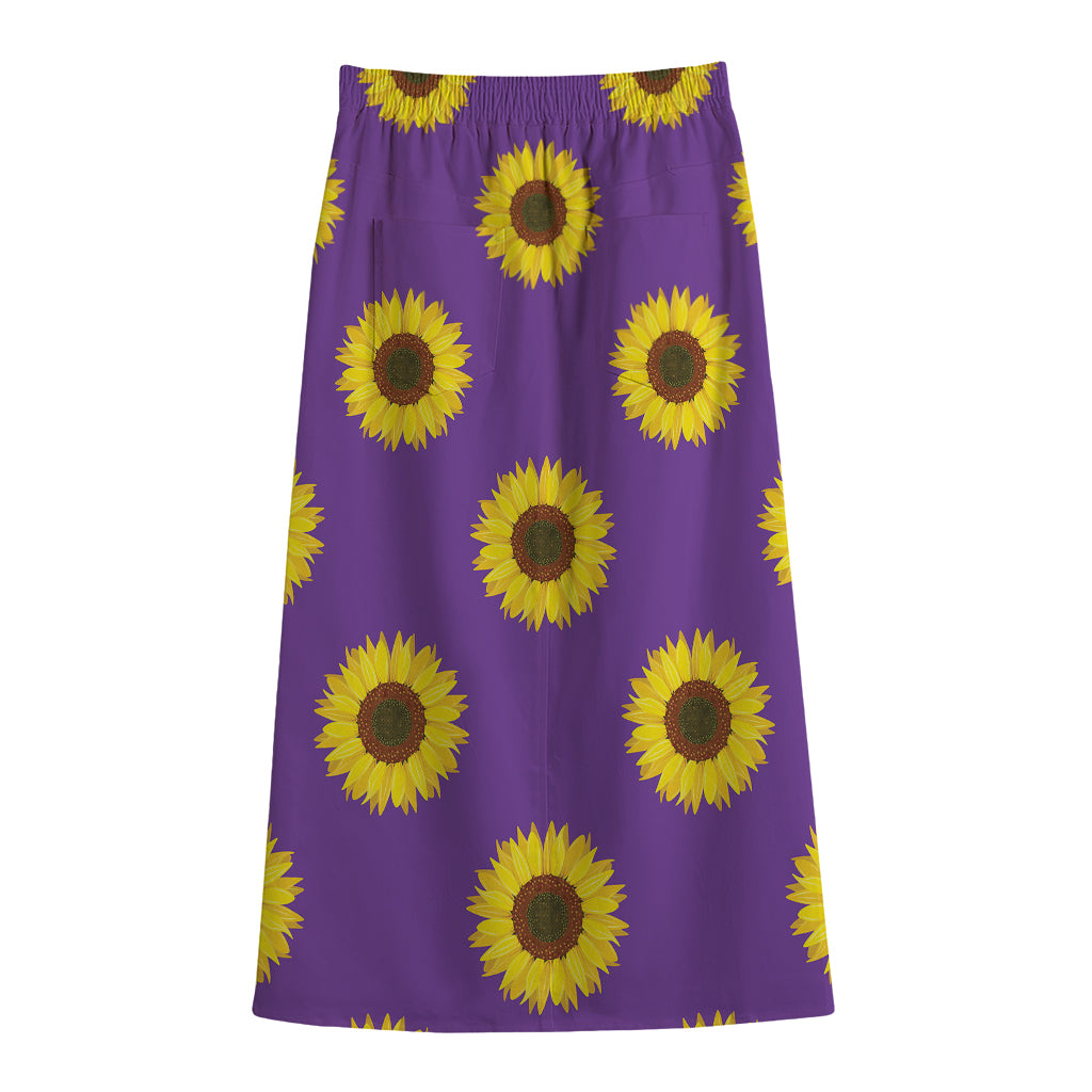 Purple Sunflower Pattern Print Cotton Front Slit Maxi Skirt