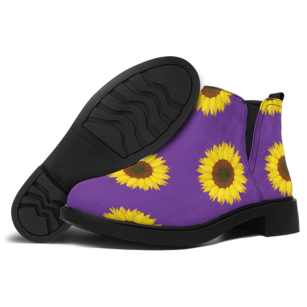 Purple Sunflower Pattern Print Flat Ankle Boots