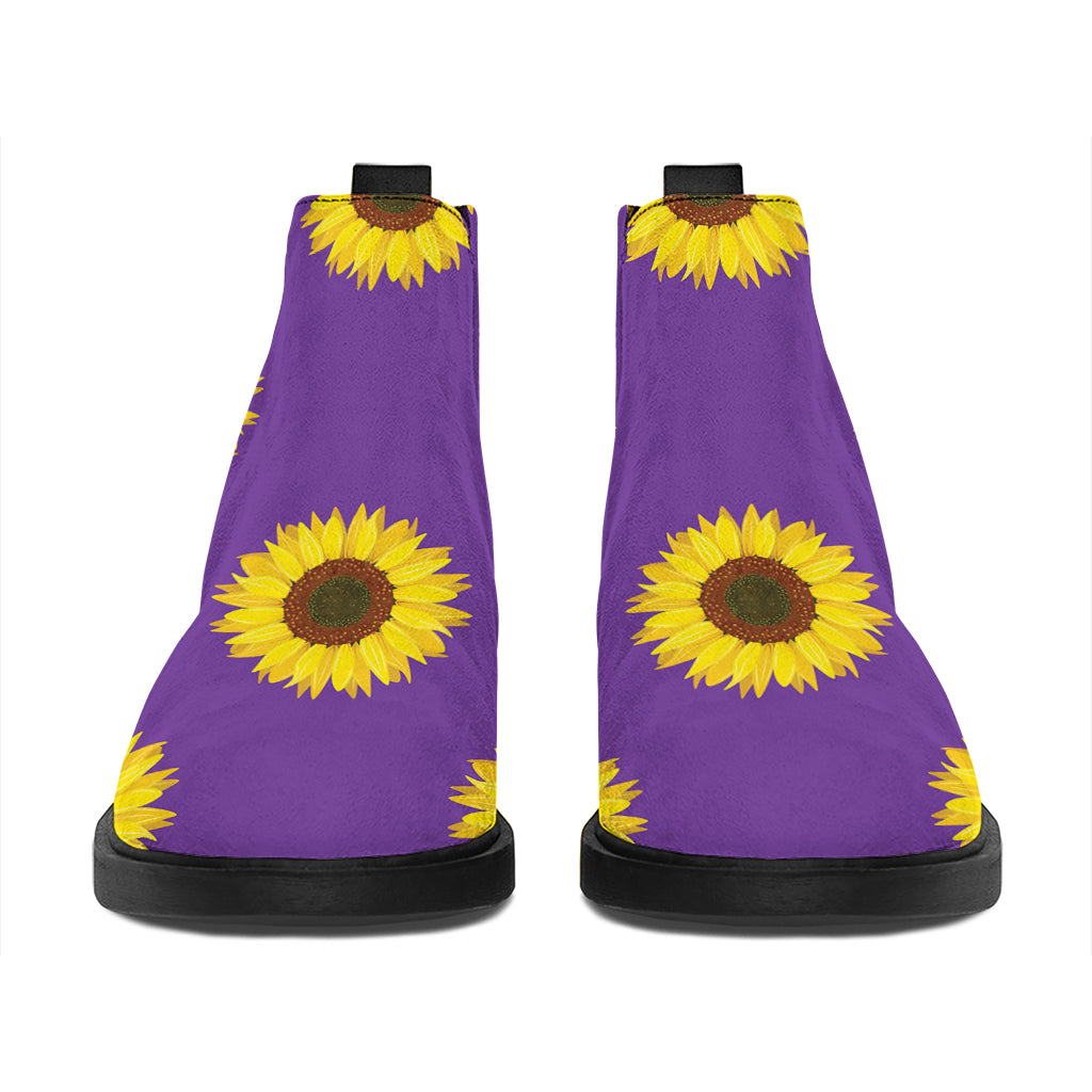 Purple Sunflower Pattern Print Flat Ankle Boots