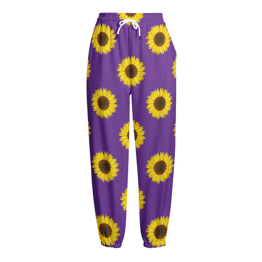 Purple Sunflower Pattern Print Fleece Lined Knit Pants