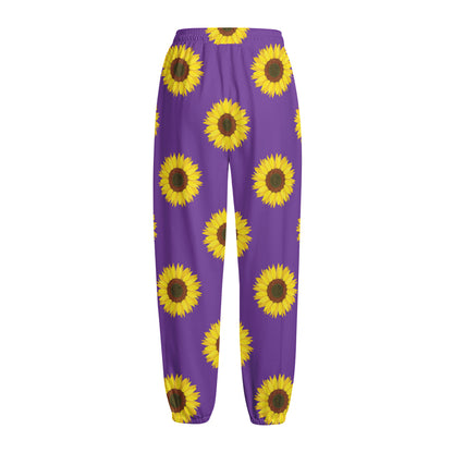 Purple Sunflower Pattern Print Fleece Lined Knit Pants