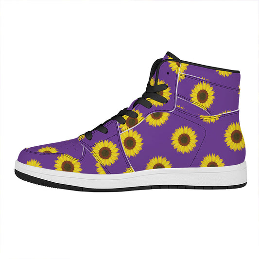 Purple Sunflower Pattern Print High Top Leather Sneakers