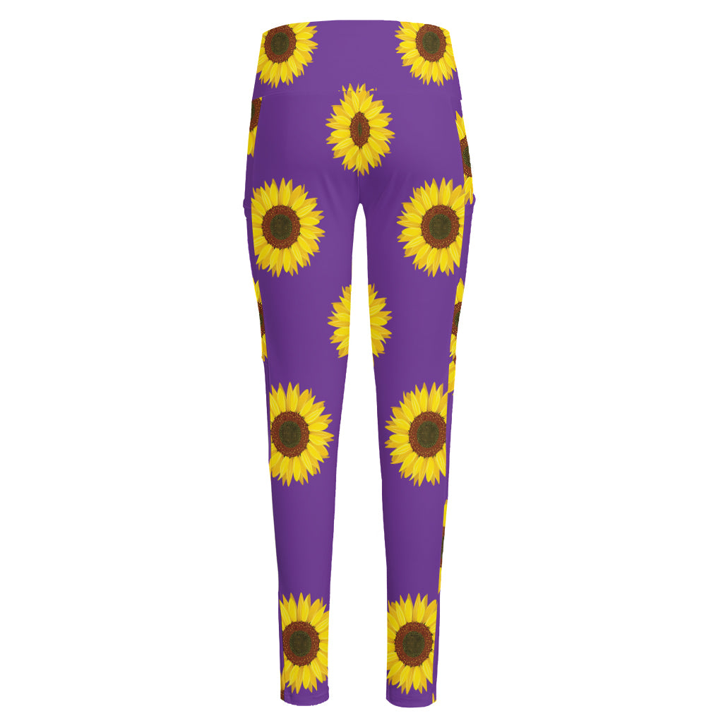 Purple Sunflower Pattern Print High-Waisted Pocket Leggings