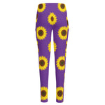 Purple Sunflower Pattern Print High-Waisted Pocket Leggings