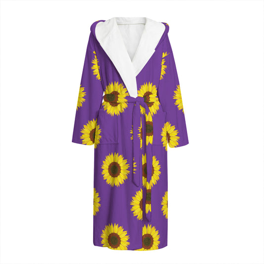 Purple Sunflower Pattern Print Hooded Bathrobe