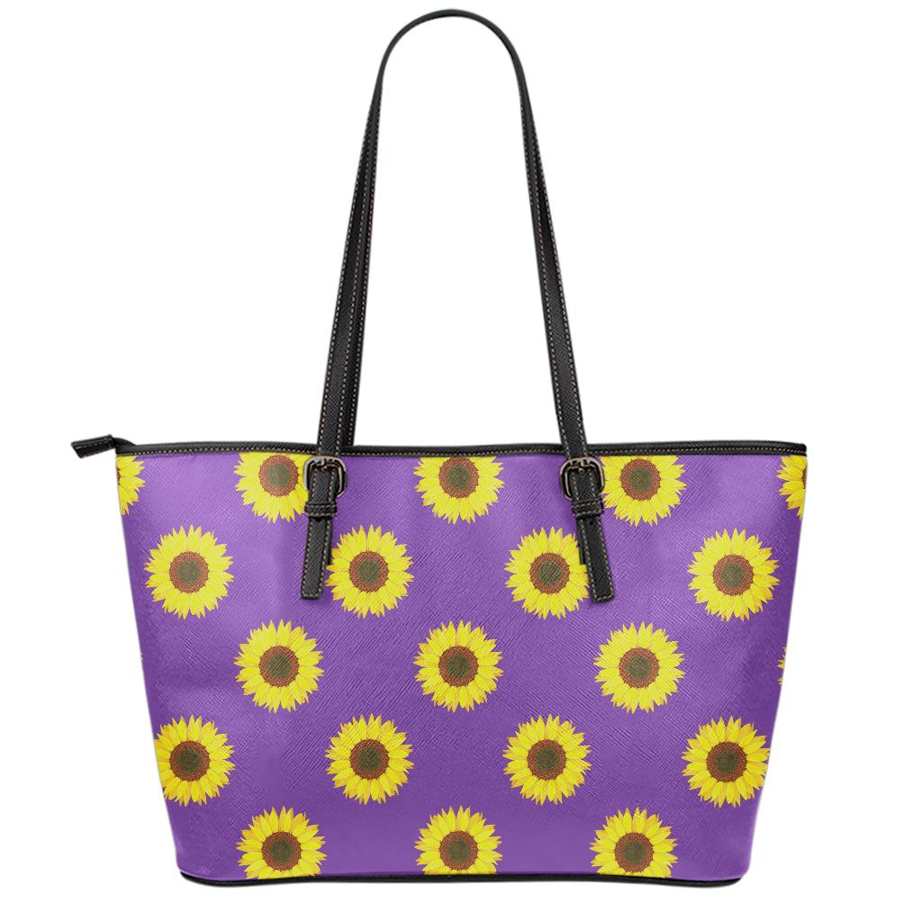 Purple Sunflower Pattern Print Leather Tote Bag