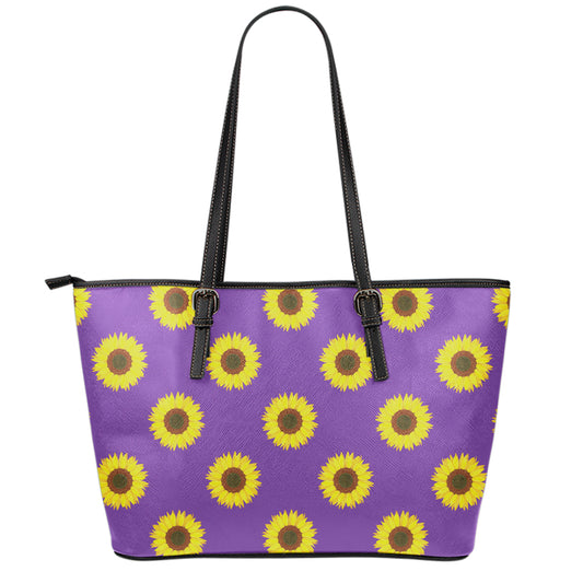 Purple Sunflower Pattern Print Leather Tote Bag
