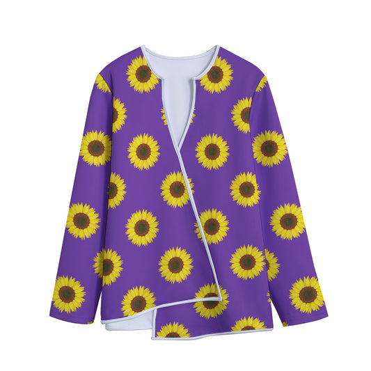 Purple Sunflower Pattern Print Long Sleeve Short Coat