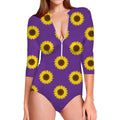 Purple Sunflower Pattern Print Long Sleeve Swimsuit