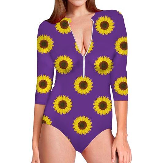 Purple Sunflower Pattern Print Long Sleeve Swimsuit