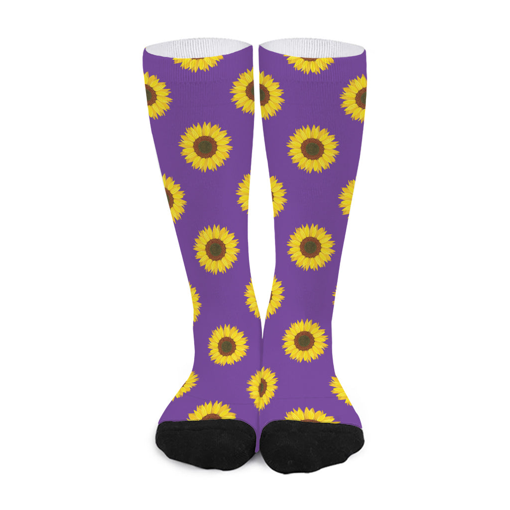Purple Sunflower Pattern Print Long Socks