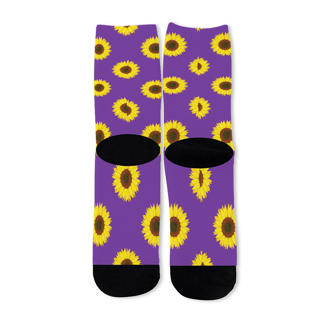 Purple Sunflower Pattern Print Long Socks