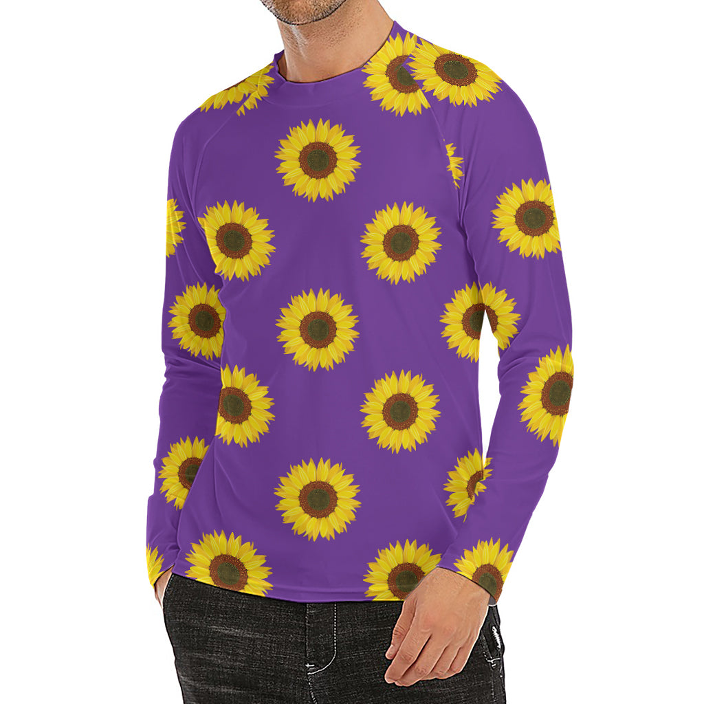 Purple Sunflower Pattern Print Men's Long Sleeve Rash Guard