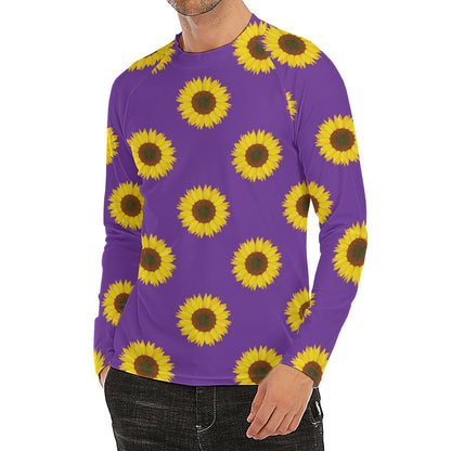 Purple Sunflower Pattern Print Men's Long Sleeve Rash Guard