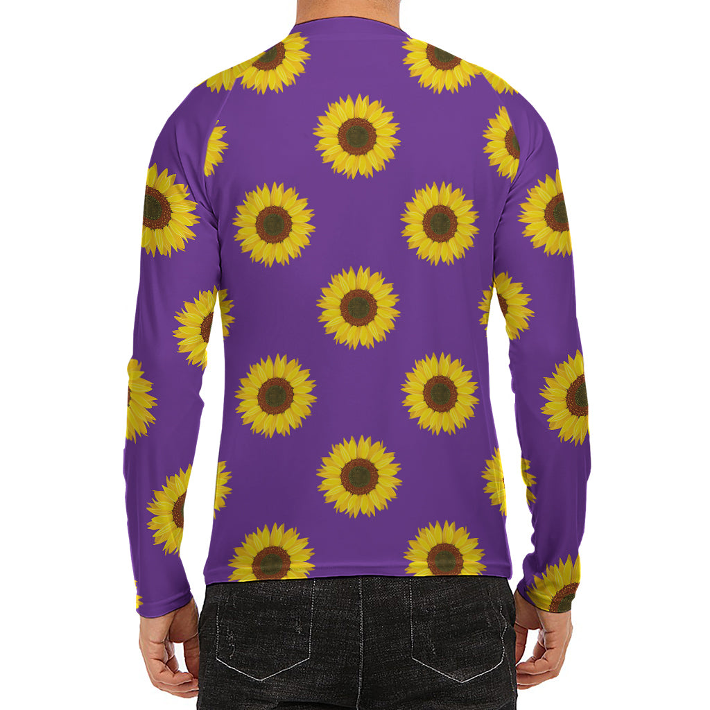 Purple Sunflower Pattern Print Men's Long Sleeve Rash Guard