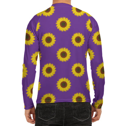 Purple Sunflower Pattern Print Men's Long Sleeve Rash Guard
