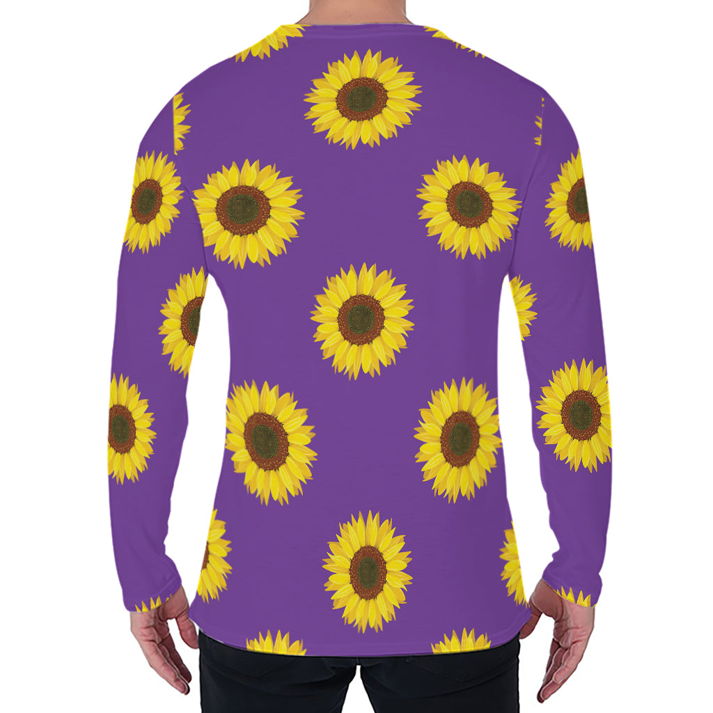 Purple Sunflower Pattern Print Men's Long Sleeve T-Shirt