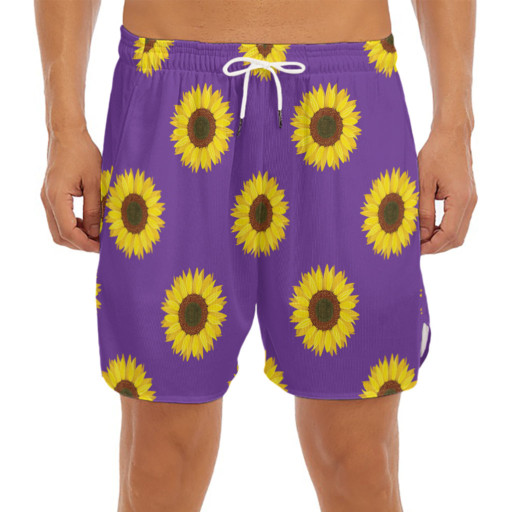 Purple Sunflower Pattern Print Men's Split Running Shorts