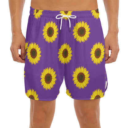Purple Sunflower Pattern Print Men's Split Running Shorts