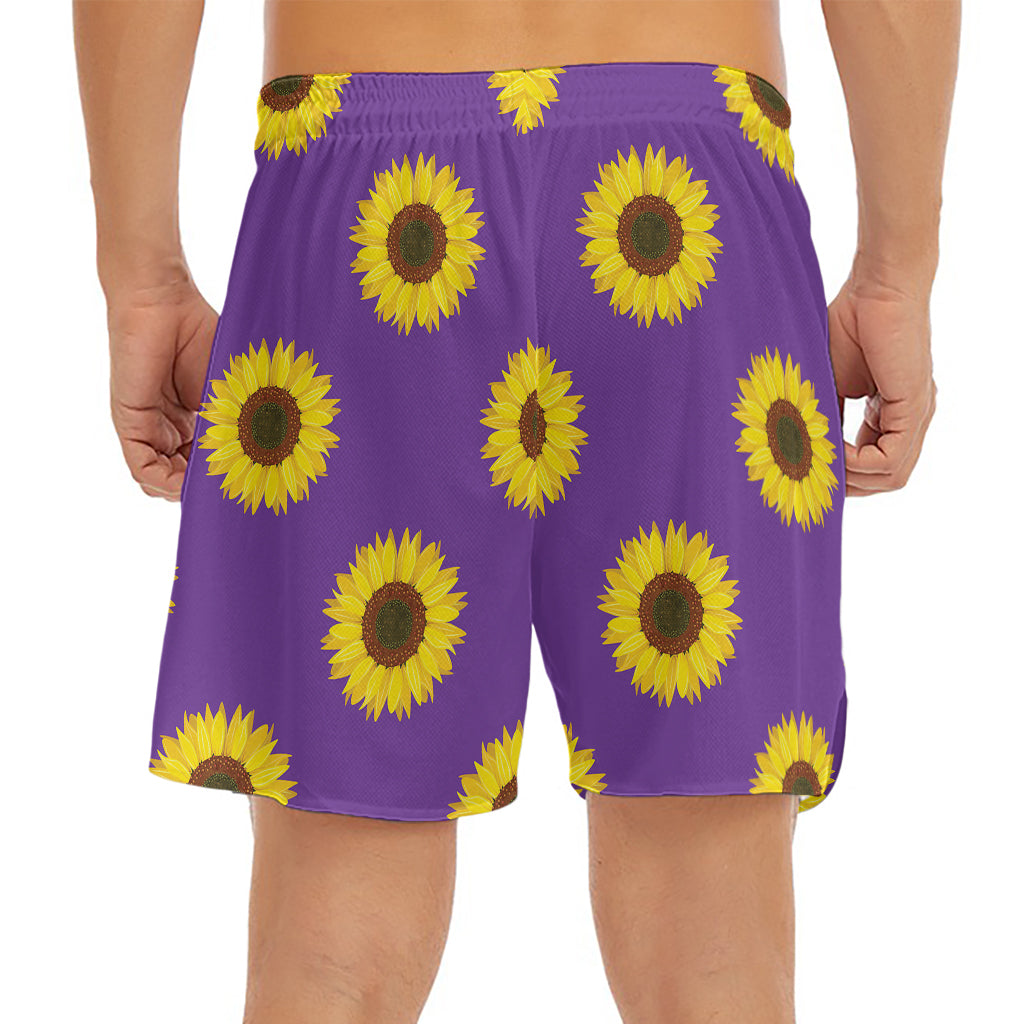 Purple Sunflower Pattern Print Men's Split Running Shorts