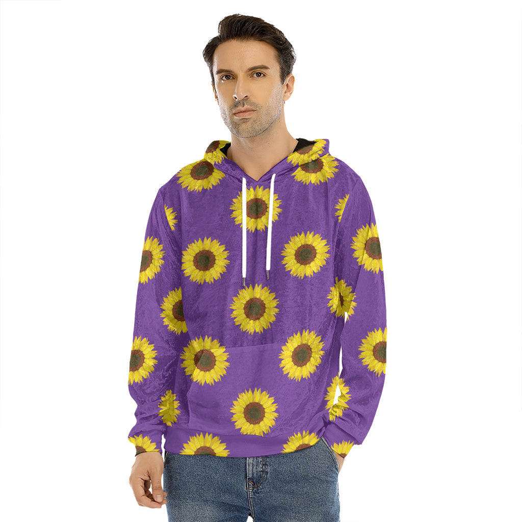 Purple Sunflower Pattern Print Men's Velvet Pullover Hoodie