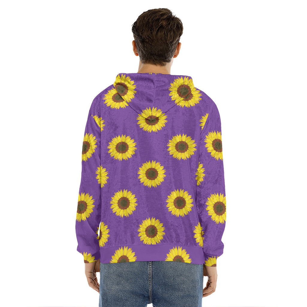 Purple Sunflower Pattern Print Men's Velvet Pullover Hoodie