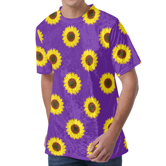 Purple Sunflower Pattern Print Men's Velvet T-Shirt